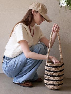 Slowslowly Moroccan Handmade Crochet Stripe Bucket Bag [Beige]