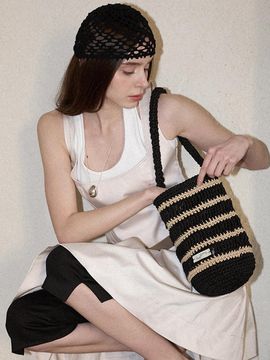 Slowslowly Moroccan Handmade Crochet Stripe Bucket Bag [Black]
