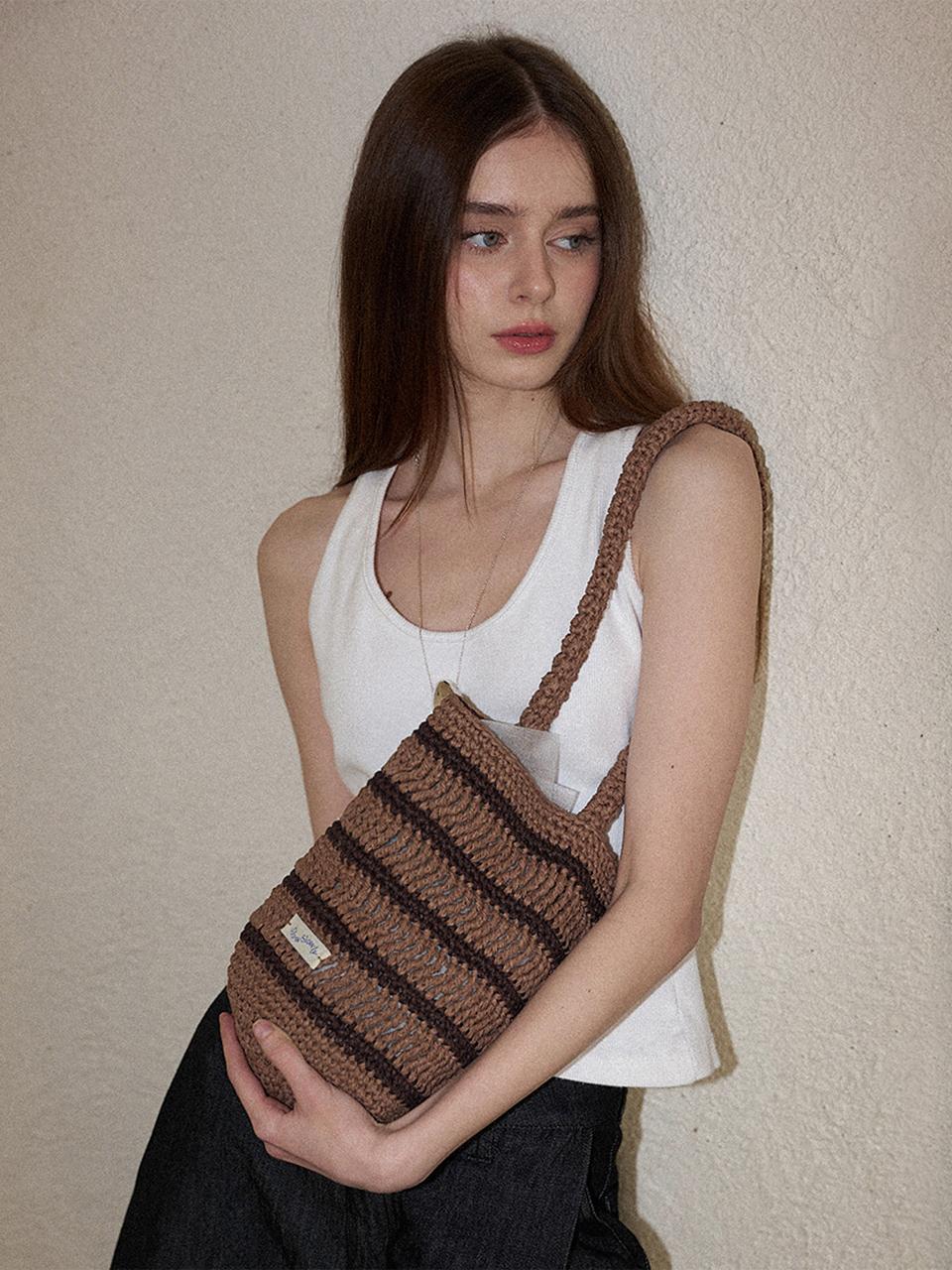 Slowslowly Moroccan Handmade Crochet Stripe Bucket Bag [Brown]