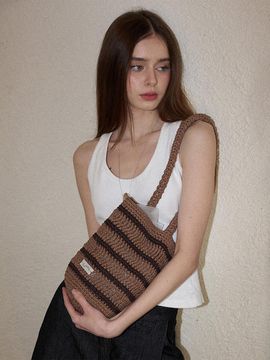Slowslowly Moroccan Handmade Crochet Stripe Bucket Bag [Brown]