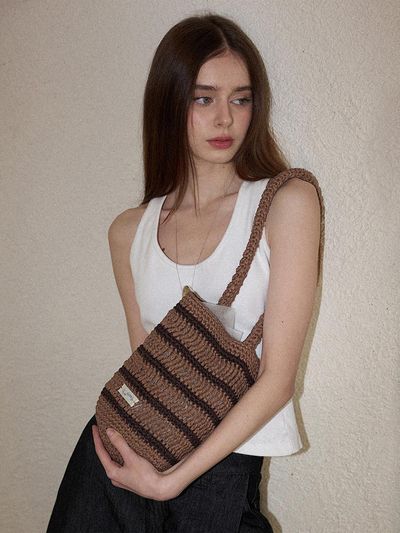 Slowslowly Moroccan Handmade Crochet Stripe Bucket Bag [Brown]