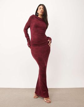 SNDYS SNDYS boat neck bodycon maxi dress in burgundy floral print-Red