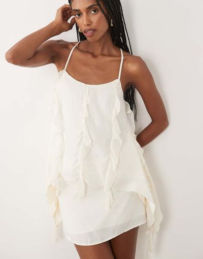 SNDYS SNDYS chiffon ruffle drape cross back cami top in cream - part of a set-White