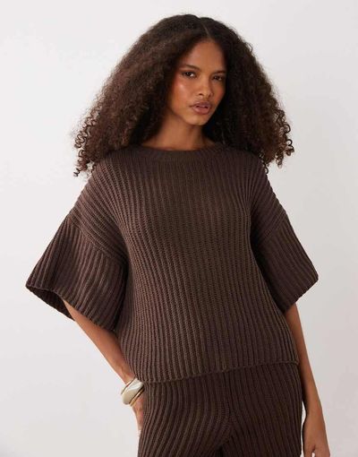 SNDYS SNDYS cotton rich knit reversible cropped dropped shoulder cardigan in chocolate - part of a set-Brown