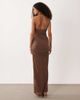 SNDYS SNDYS halterneck mesh insert drape detail maxi dress in chocolate-Brown - 4
