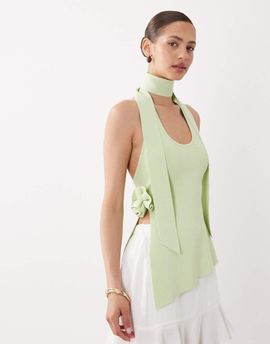 SNDYS SNDYS knit halter scarf neck detail top in matcha green