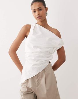 SNDYS SNDYS linen blend asymmetric ruched detail top in white