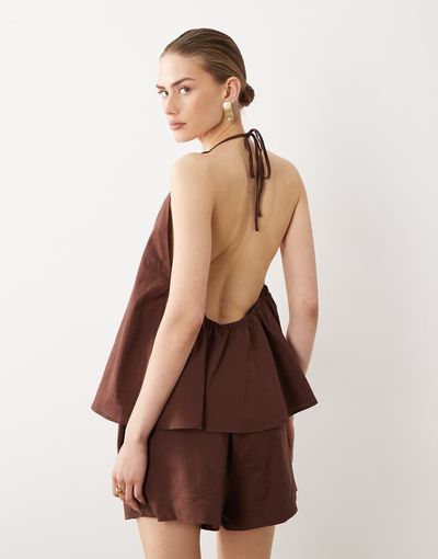 SNDYS SNDYS linen blend halterneck low back top in chocolate - part of a set-Brown