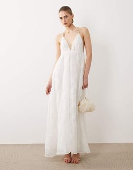 SNDYS SNDYS linen look textured floral beaded detailing plunge halterneck maxi dress in white