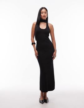 SNDYS SNDYS premium ribbed knit scoop neck scarf detail fishtail maxi dress in black