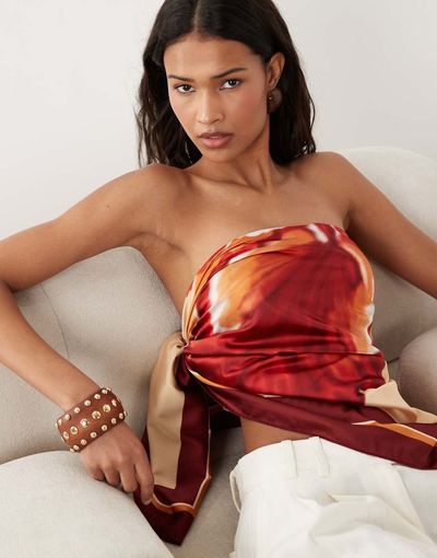 SNDYS SNDYS satin bandeau scarf hem top in orange floral print
