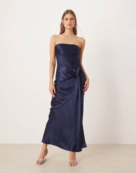 SNDYS SNDYS satin bandeau wrap tie waist detail maxi dress in navy