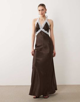 SNDYS SNDYS satin contrast lace halterneck maxi dress in chocolate-Brown