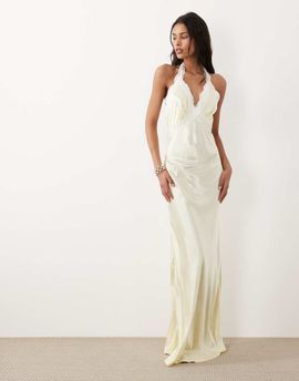 SNDYS SNDYS satin contrast lace halterneck maxi dress in lemon-Yellow