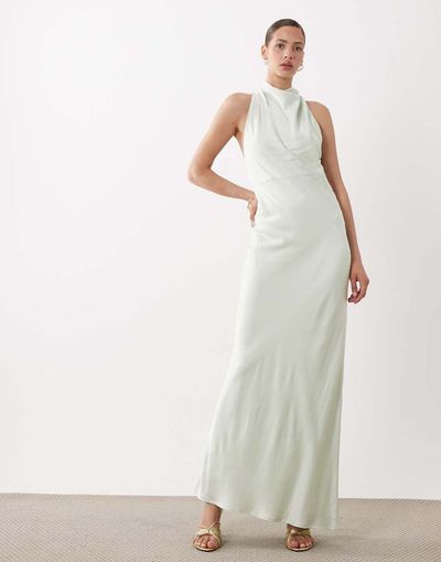 SNDYS SNDYS satin high neck open back twist detail maxi dress in sage-Green