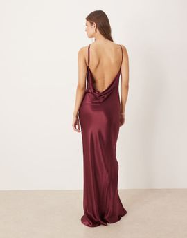 SNDYS SNDYS satin one-shoulder open cowl back detail maxi dress in plum-Purple