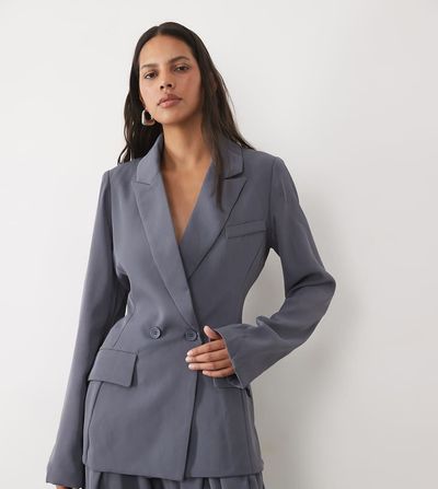 SNDYS SNDYS tailored wrap belted drape detail blazer in slate - part of a set-Gray