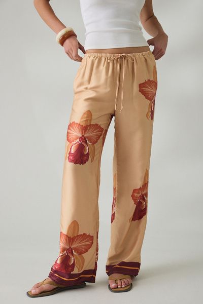 SNDYS SNDYS X UO Cattleya Floral Straight Leg Satin Pants in Orange, Women's at Urban Outfitters