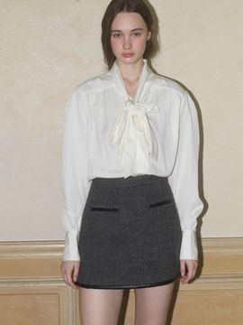 SO IR Wool Pocket Faux Leather Mini Skirt [Gray]