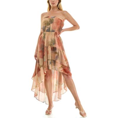 Socialite Socialite Abstract Print Strapless High-Low Tiered Midi Dress