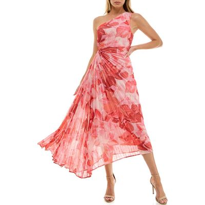 Socialite Socialite Floral Metallic Stripe One-Shoulder Pleated Dress