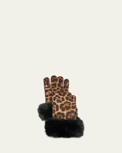 Sofia Cashmere Leopard Print Cashmere Gloves w/ Faux Fur Cuffs