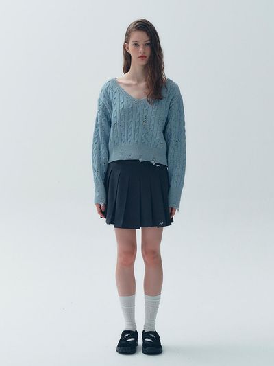 SOFT SEOUL Damaged V-Neck Sweater [Blue]