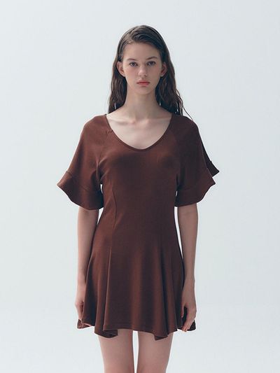 SOFT SEOUL Ruffle Sleeve Mini Dress [Brown]