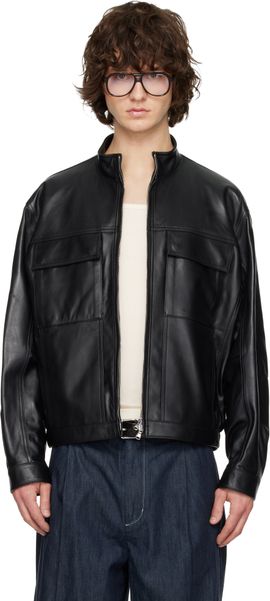 Solid Homme Solid Homme Black High-Neck Two-Pocket Leather Jacket