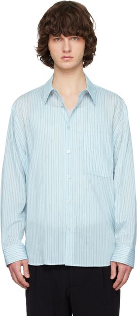 Solid Homme Solid Homme Blue Lyocell Nylon Stripe Shirt