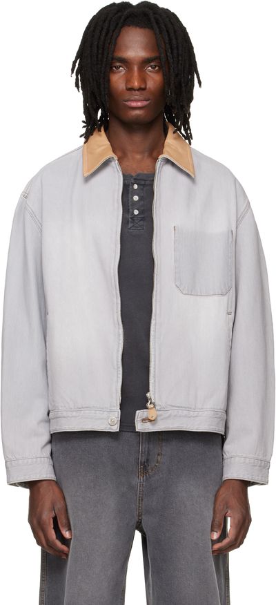 Solid Homme Solid Homme Gray Leather Collared Denim Trucker Jacket