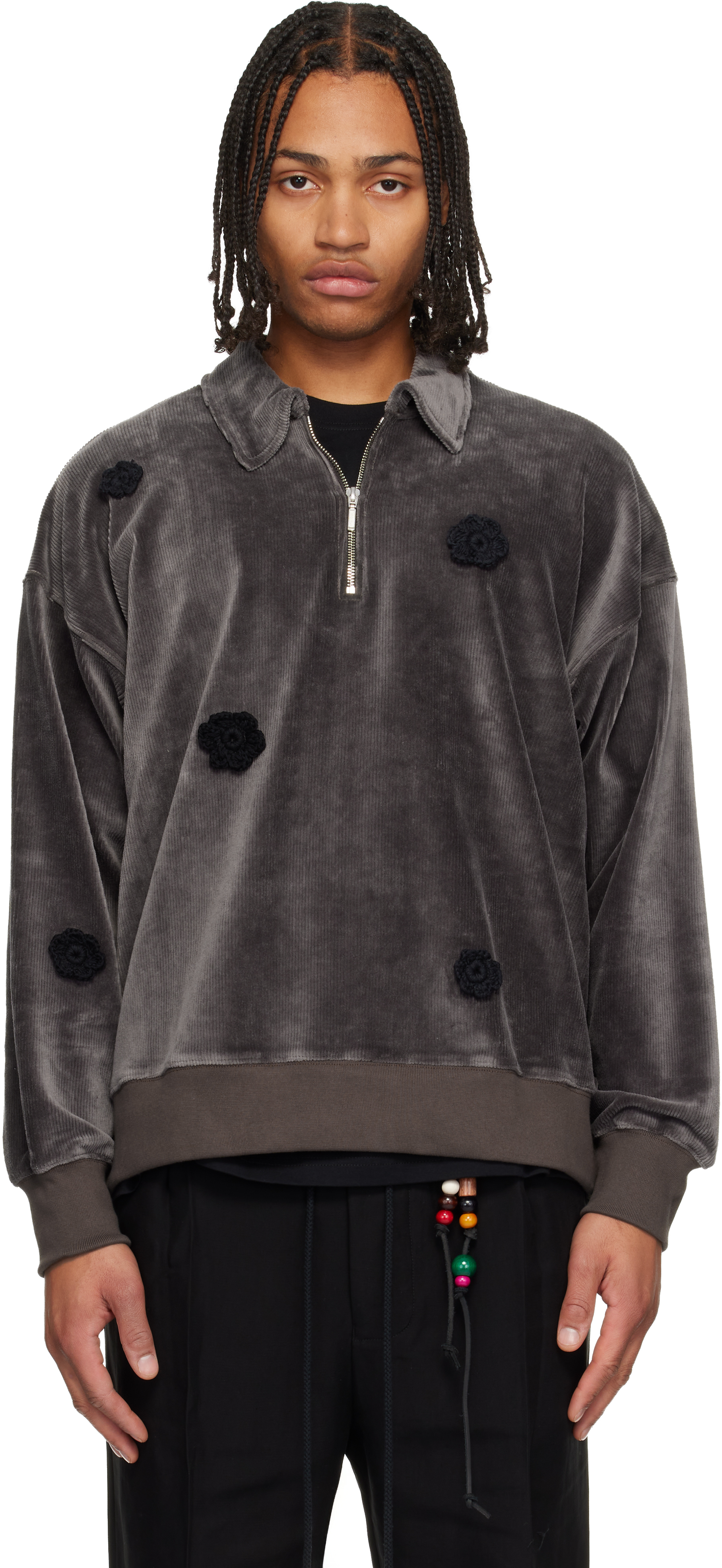 SONG FOR THE MUTE グレー長袖カットソー Song for the Mute - Gray Corduroy Daisy Quarter Zip Sweatshirt