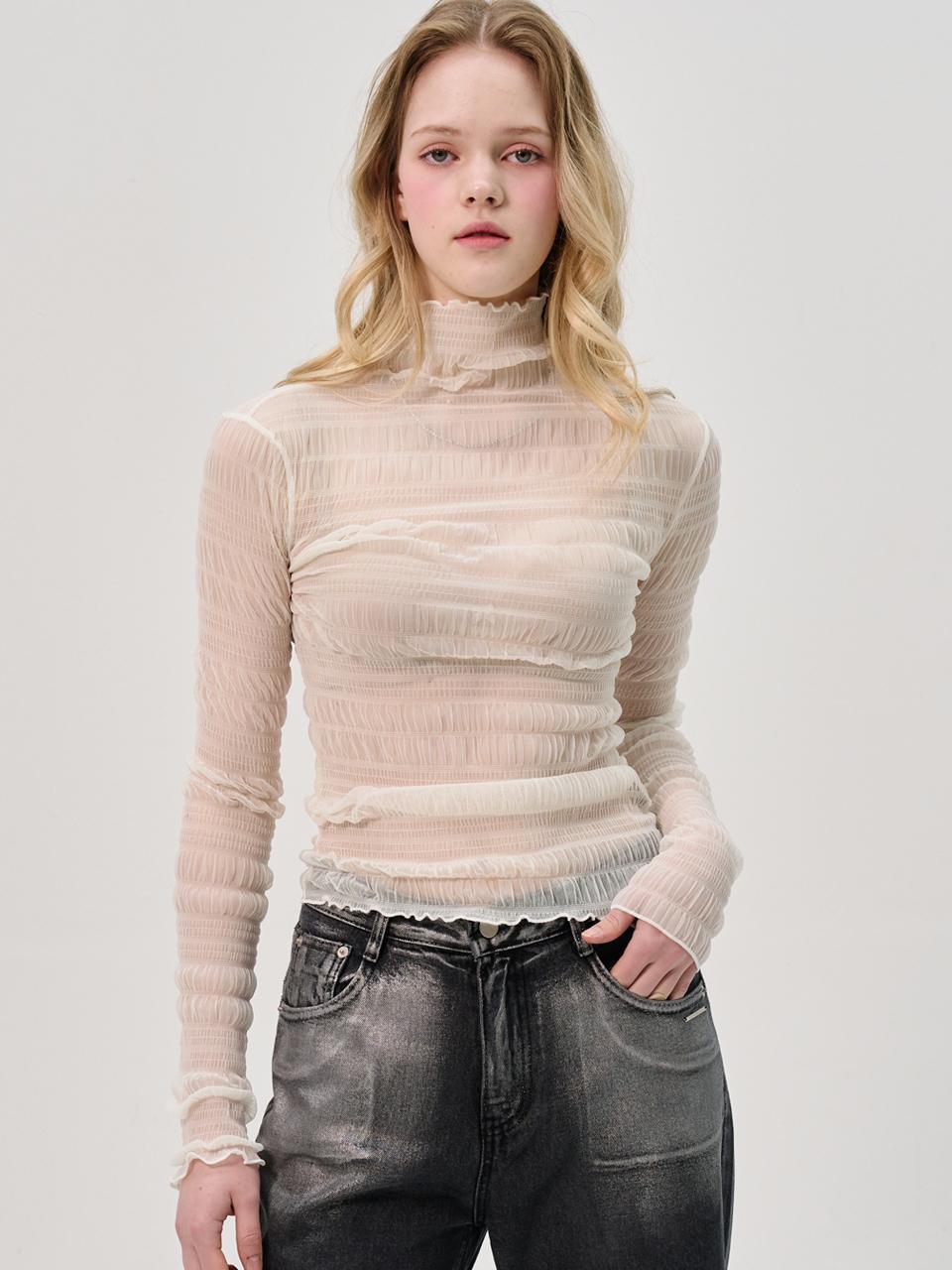 SORRY TOO MUCH LOVE Cien Shirring Seethrough Turtlenect Top