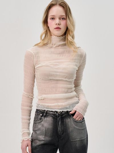 SORRY TOO MUCH LOVE Cien Shirring Seethrough Turtlenect Top
