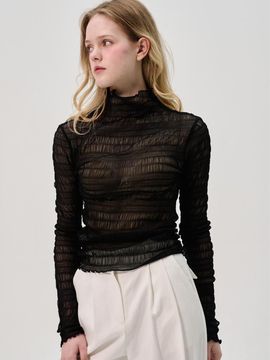 SORRY TOO MUCH LOVE Cien Shirring Seethrough Turtlenect Top_BLACK