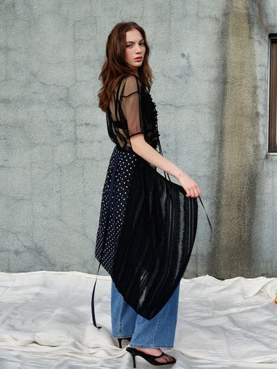 SORRY TOO MUCH LOVE Dot Lace Wrap Skirt_Black