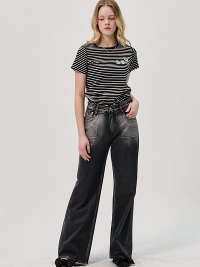 SORRY TOO MUCH LOVE Foi Printl Denim Pants_Charcoal