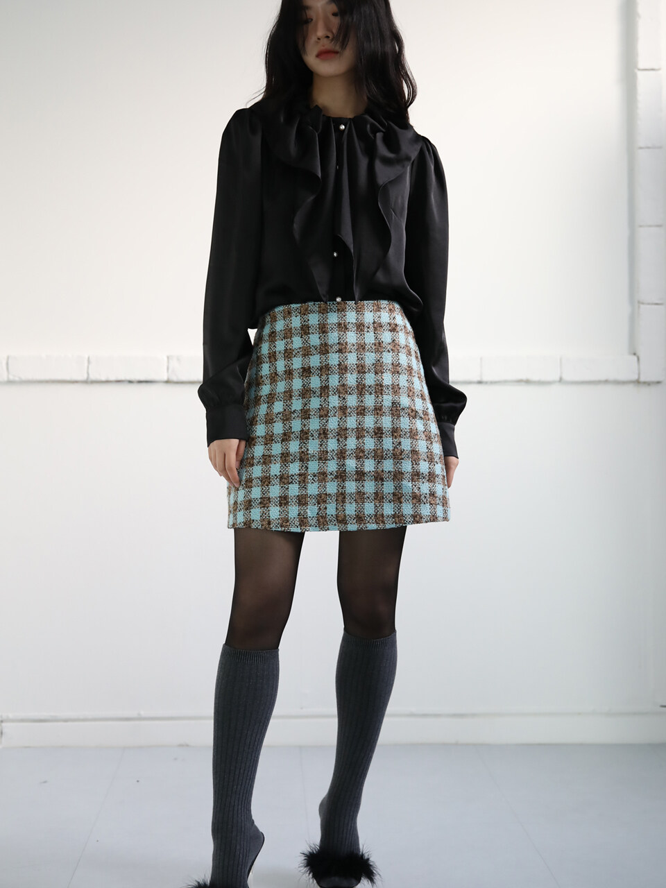 SORRY TOO MUCH LOVE Gingham Tweed A-line Skirt_Blue