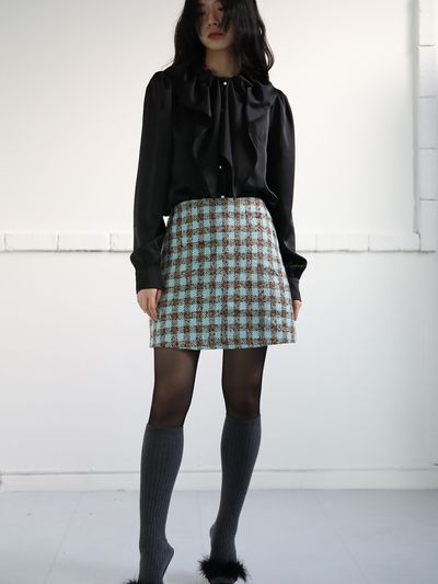 SORRY TOO MUCH LOVE Gingham Tweed A-line Skirt_Blue