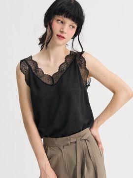 SORRY TOO MUCH LOVE Lace Pure Linen Sleeveless T-shirt_Black