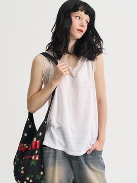 SORRY TOO MUCH LOVE Lace Pure Linen Sleeveless T-shirt_White