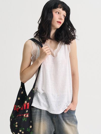 SORRY TOO MUCH LOVE Lace Pure Linen Sleeveless T-shirt_White