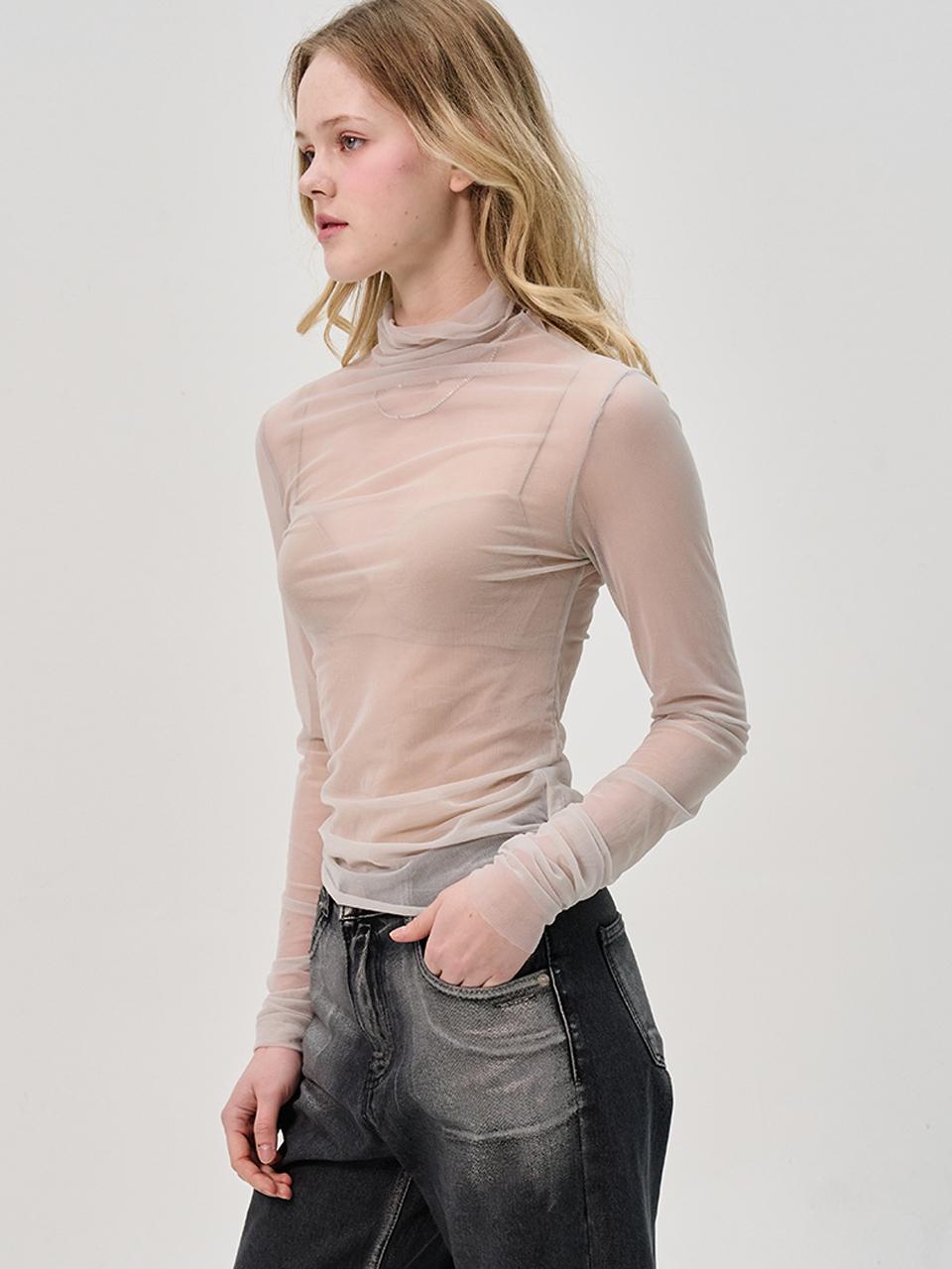 SORRY TOO MUCH LOVE Sleeve Shirring See Through Turtlenect Top_Gray