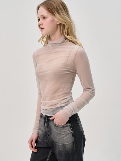 SORRY TOO MUCH LOVE Sleeve Shirring See Through Turtlenect Top_Gray