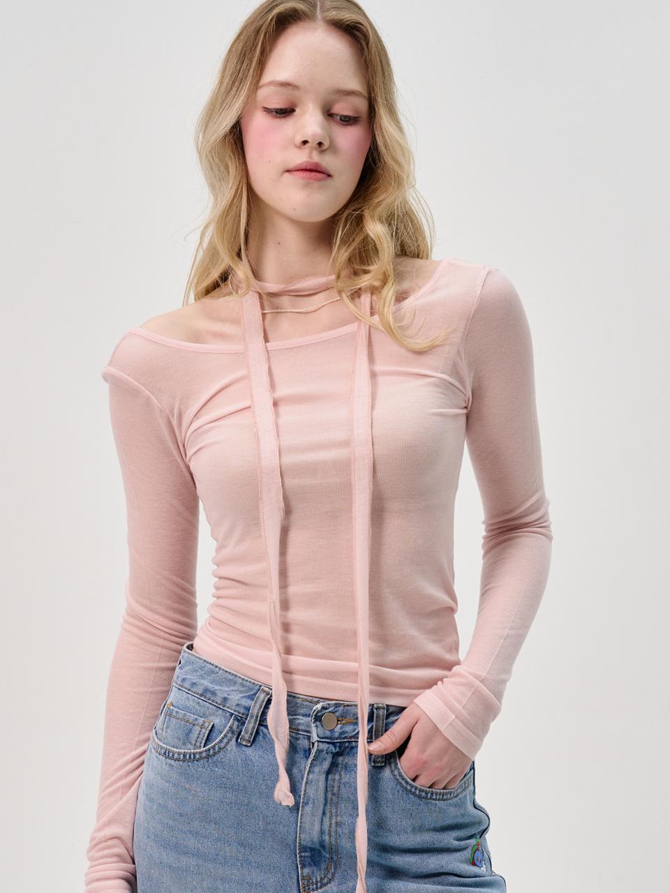 SORRY TOO MUCH LOVE Slim Scarf Tencel Line T-Shirt_Pink