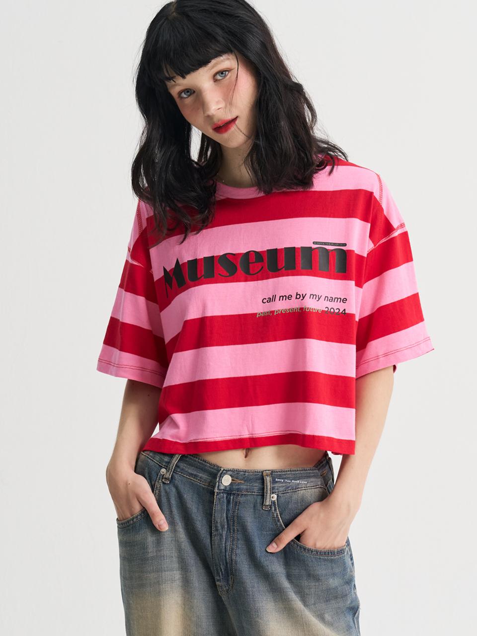 SORRY TOO MUCH LOVE Stripe Crop Loosefit Half Sleeve T Shirt_Pink