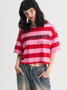 SORRY TOO MUCH LOVE Stripe Crop Loosefit Half Sleeve T Shirt_Pink