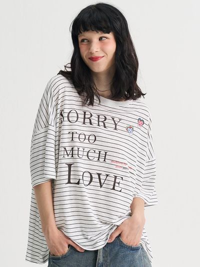 SORRY TOO MUCH LOVE Stripe Linen Loosefit Half-Sleeve T-Shirt_White