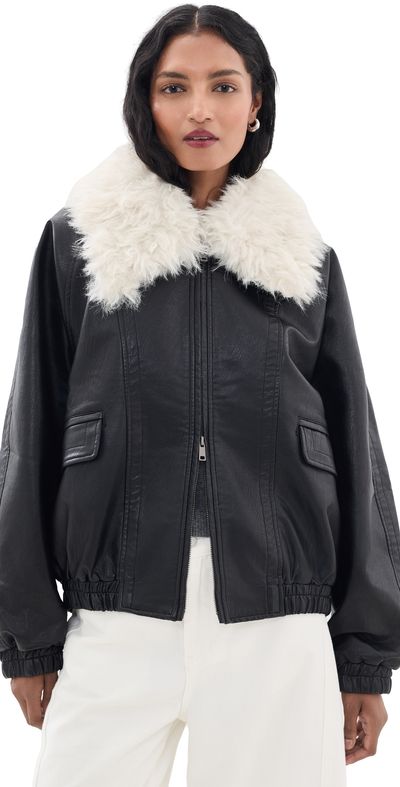 Source Unknown Source Unknown Rioni Faux Fur Collar Bomber Jacket Black