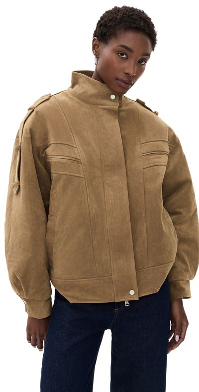 Source Unknown Source Unknown Tova Faux Suede Bomber Jacket Khaki